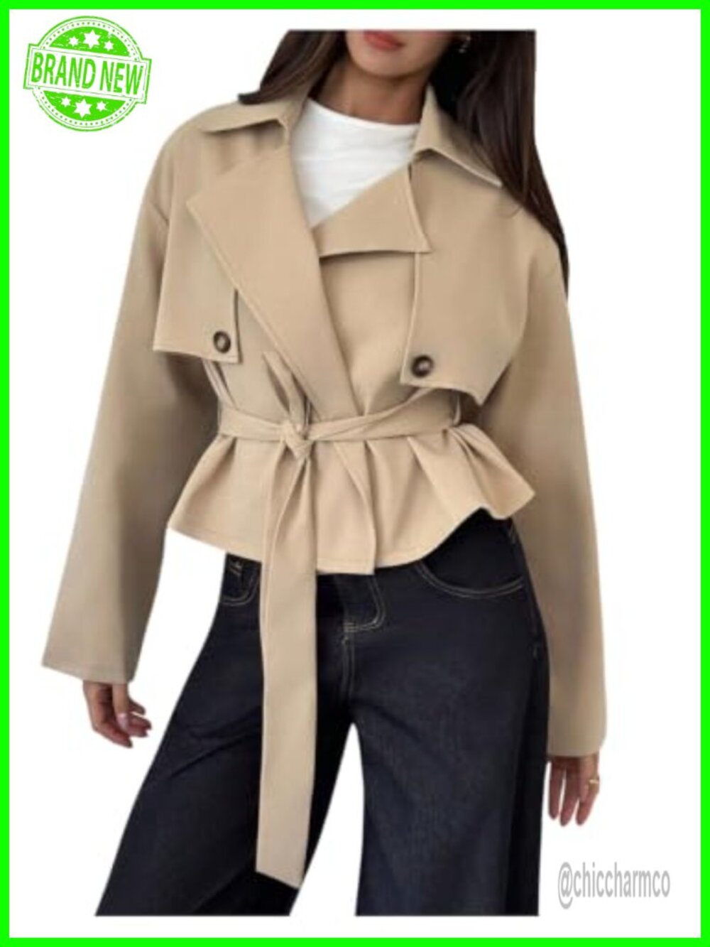 Cropped Trench Coat Long Sleeve Belted Work Jacket